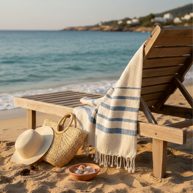 Fouta en Coton Bouclette Tissée à la Main – Rayures Bleues Élégantes -plage