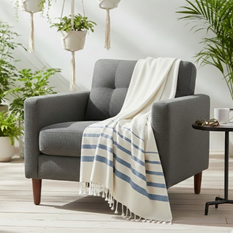Fouta en Coton Bouclette Tissée à la Main – Rayures Bleues Élégantes