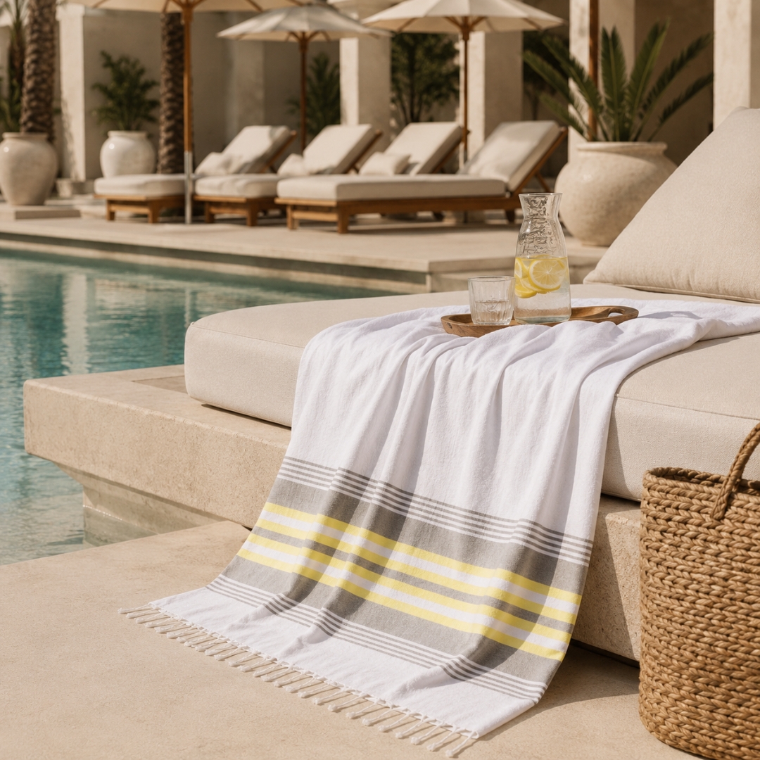 Fouta bouclette à rayures « Golden Stripe” 100×200 cm – Tissée à la main