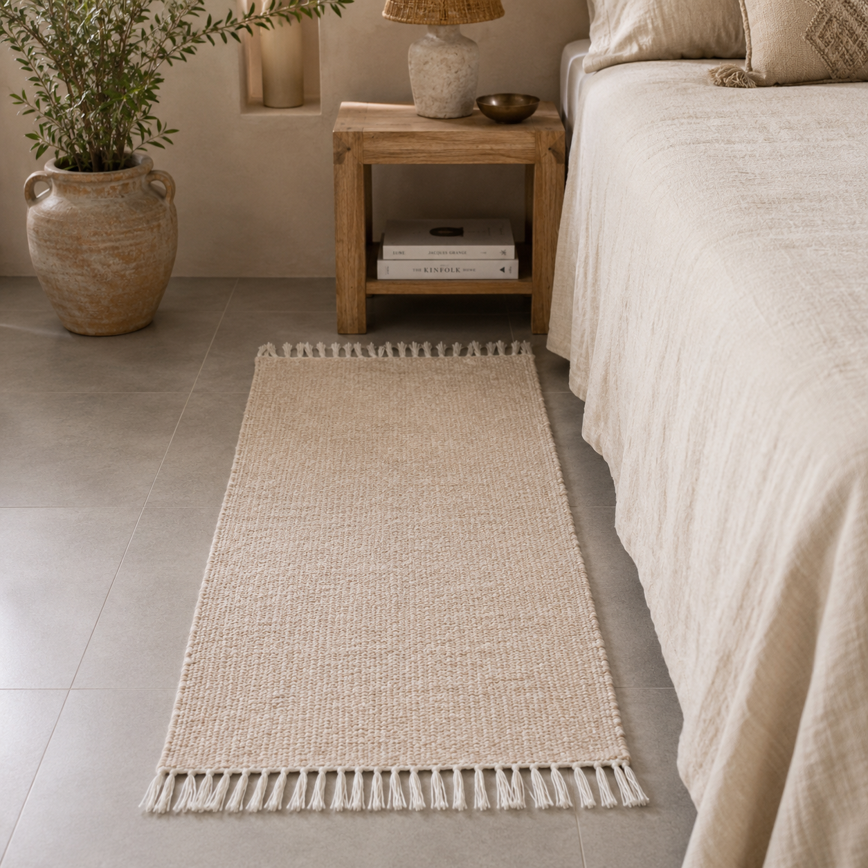 Descente de lit velours tissé à la main beige 70×130 cm – Nomad Pure