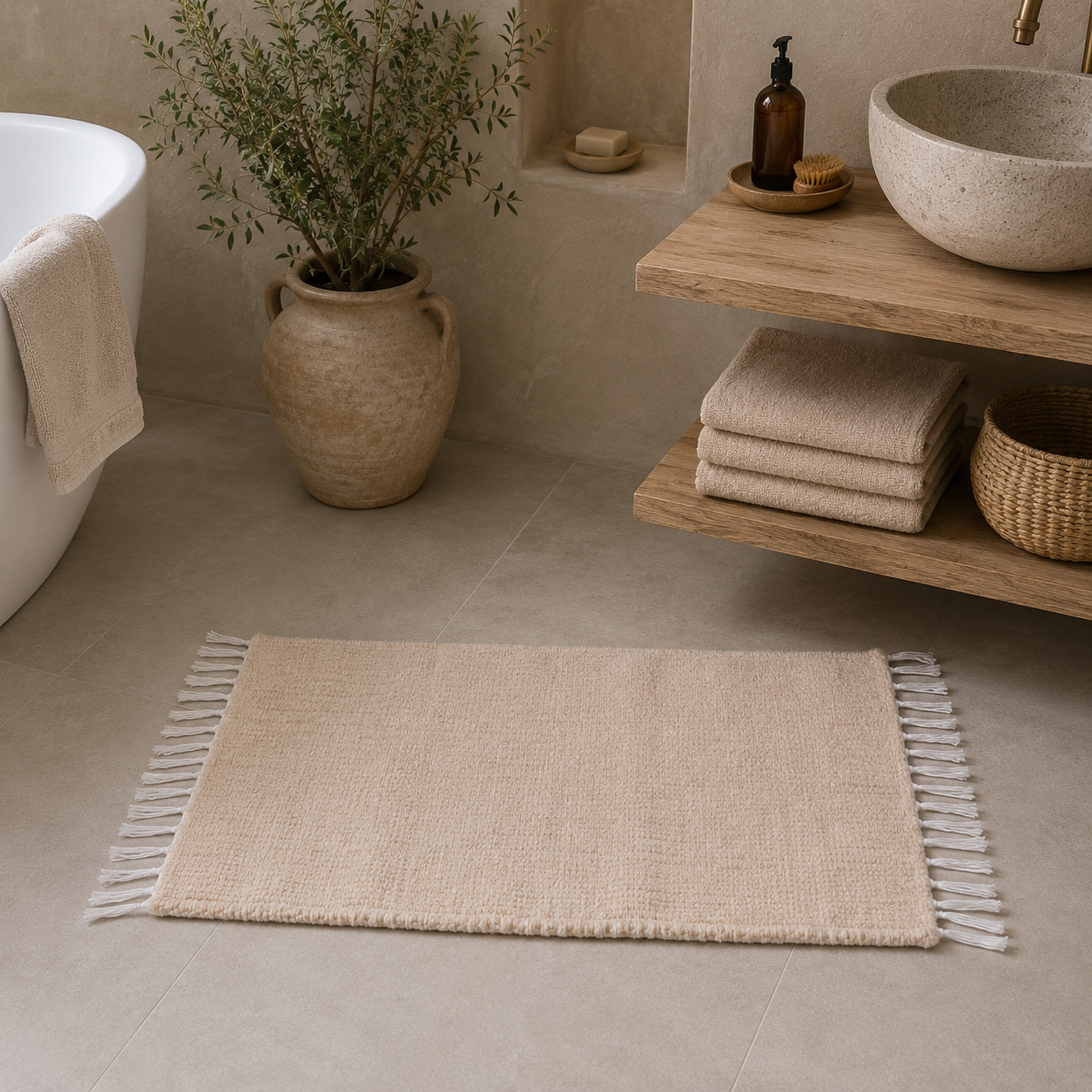 Tapis de bain velours beige 50×90 cm – Sérénité Handies