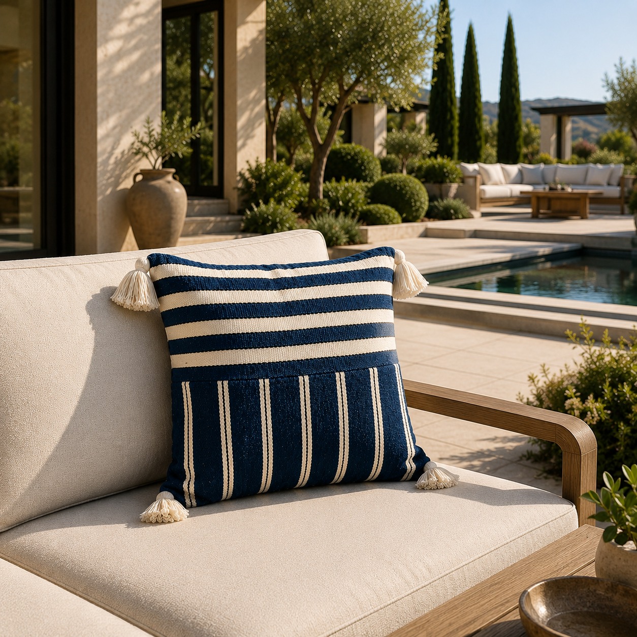 Coussin Tissé Atlas Bleu en Laine avec Pompons