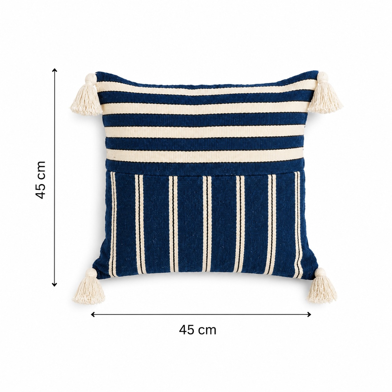 Coussin Tissé Atlas Bleu en Laine avec Pompons