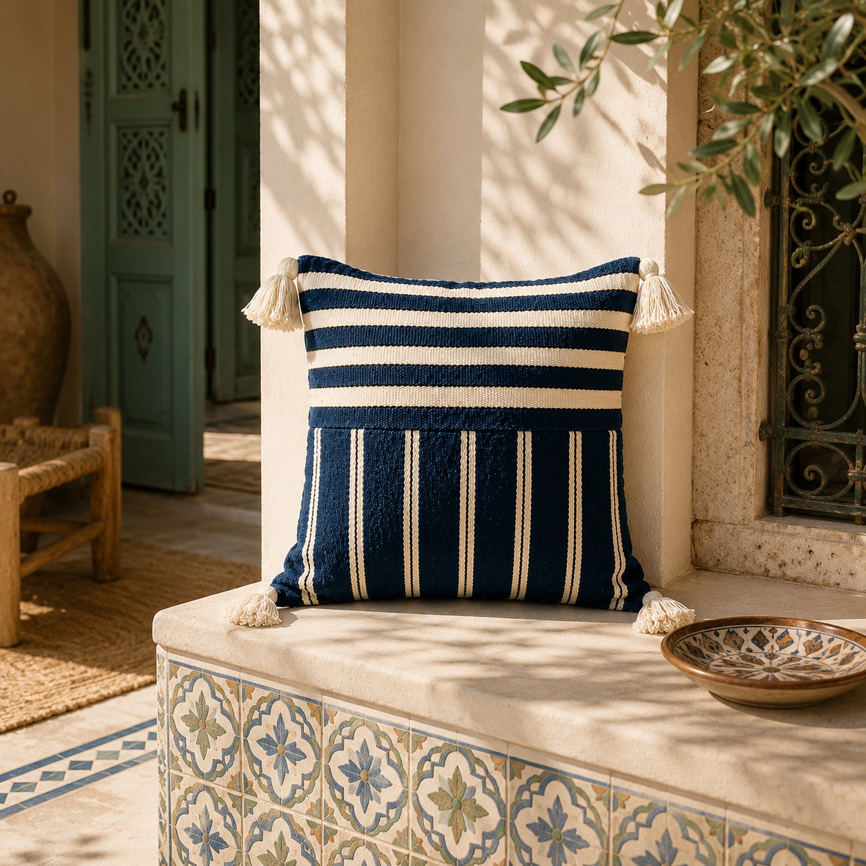 Coussin Tissé Atlas Bleu en Laine avec Pompons